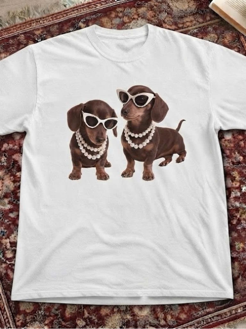Classic White Dachshund Tee with Pearl-Studded Pups